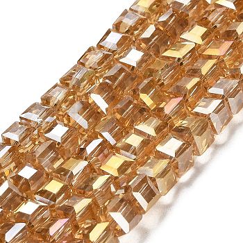 Electroplate Glass Beads Strands, AB Color Plated, Faceted, Cube, Light Khaki, 7~8x7~8x7~8mm, Hole: 1.5mm, about 97~100pcs/strand, 70~71cm