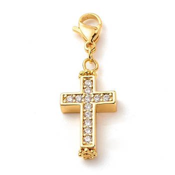 Brass Micro Pave Clear Cubic Zirconia Pendants, with 304 Stainless Steel Lobster Claw Clasps & Alloy Flower Beads, Cross, Religion, Golden, 36mm