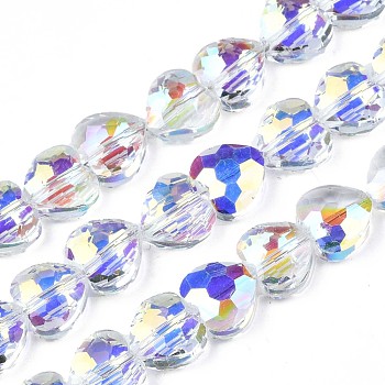 Electroplate Transparent Glass Beads Strands, AB Color Plated, Faceted, Heart, Clear AB, 9.5x9.5x5mm, Hole: 1mm, about 70pcs/strand, 24.61 inch(62.5cm)