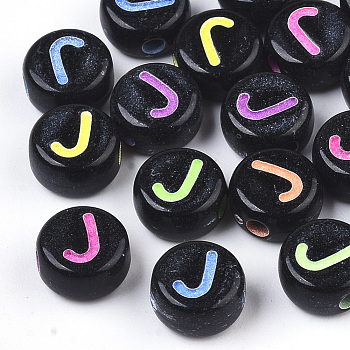 Opaque Black Acrylic Beads, Horizontal Hole, Flat Round with Mixed Color Letter, Letter.J, 7x4mm, Hole: 1.6mm, about 3600pcs/500g