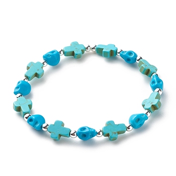 Synthetic Turquoise(Dyed) Cross & Skull Beaded Stretch Bracelet, Halloween Gemstone Jewelry for Women, Turquoise(Dyed), Inner Diameter: 2-1/4 inch(5.6cm)