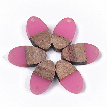 Resin & Walnut Wood Pendants, Oval, Hot Pink, 20x11x3.5mm, Hole: 1.8mm