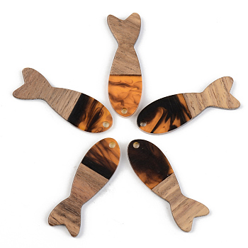 Resin & Walnut Wood Pendants, Fish, Orange, 37.5x12x3mm, Hole: 2mm