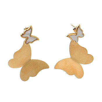 Titanium Steel Stud Earrings for Women, with Shell, Butterfly, Real 18K Gold Plated, 47.5x35.5mm