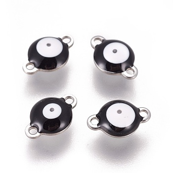 304 Stainless Steel Enamel Links connectors, Flat Round with Evil Eye, Stainless Steel Color, Black, 14.5x10x4.5mm, Hole: 1.4mm