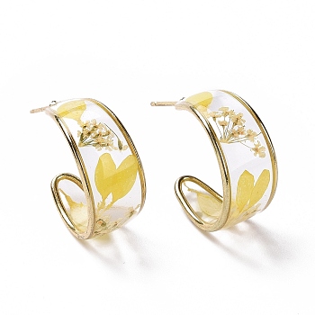 Epoxy Resin Flower with Leaf Stud Earrings, Golden Brass Half Hoop Earrings for Women, Yellow, 21x10x22mm, Pin: 0.7mm