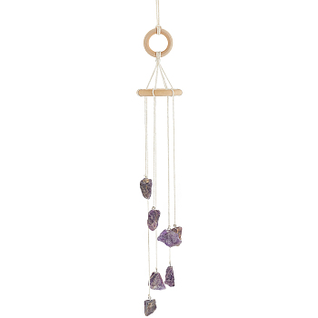 Ring Wind Chimes, with Natural Amethyst Nuggets Beads and Wood, for Home, Car Decoration, 490mm