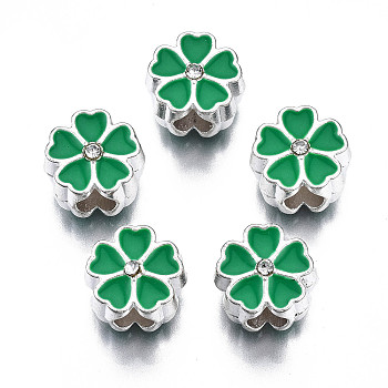 Alloy Enamel European Beads, Large Hole Beads, Cadmium Free & Lead Free, Silver, Flower, Lime Green, 11.5x11.5x8.5mm, Hole: 4.5mm
