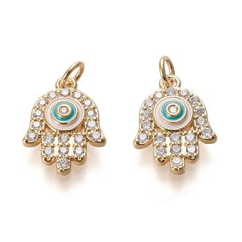 Brass Micro Pave Clear Cubic Zirconia Pendants, with Enamel and Jump Rings, Long-Lasting Plated, Hamsa Hand, Real 18K Gold Plated, 17.3x12.6x3.3mm, Jump Ring: 5x0.8mm, 3.4mm Inner Diameter