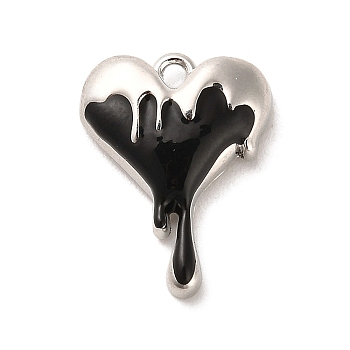 Alloy Enamel Pendants, Melting Heart Charm, Platinum, Black, 21.5x16.5x5.5mm, Hole: 1.8mm