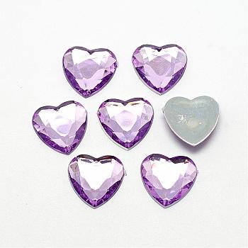 Acrylic Rhinestone Flat Back Cabochons, Faceted, Bottom Silver Plated, Heart, Medium Purple, 12x12x3mm