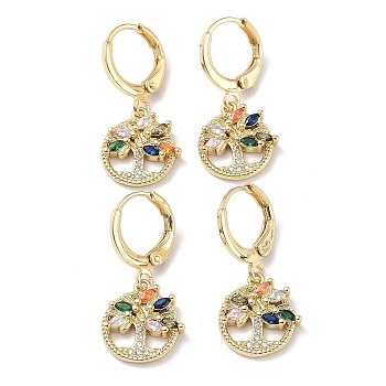 Real 18K Gold Plated Brass Dangle Leverback Earrings, with Cubic Zirconia and Glass, Tree of Life, Colorful, 27x12mm