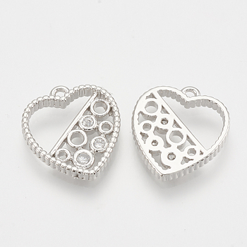 Brass Micro Pave Cubic Zirconia Charms, Heart, Nickel Free, Real Platinum Plated, 13x12x2mm, Hole: 1mm