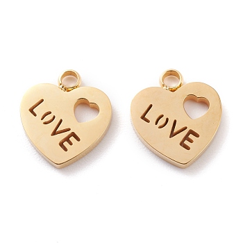 Ion Plating(IP) 304 Stainless Steel Charms, Laser Cut, Heart with Word Love, for Valentine's Day, Golden, 12.5x11x1.5mm, Hole: 1.8mm