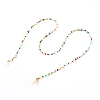 Eyeglasses Chains, Neck Strap for Eyeglasses, with Glass Seed Beads, Acrylic Letter Beads and Rubber Loop Ends, Word Love, Golden, Colorful, 27.75 inch(70.5cm)