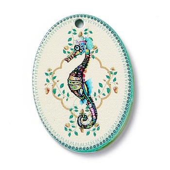 Embossed Retro Acrylic Pendants, for Earring Making, Oval with Sea Horse Pattern, Colorful, 30x22x2.5mm, Hole: 1.6mm