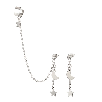 Moon and Star Alloy Asymmetrical Earrings, 304 Stainless Steel Stud Earrings with Dangle Chain Ear Cuff Crawler Climber for Women, Stainless Steel Color, 39~109mm, Pin: 0.2mm, 2Pcs/set