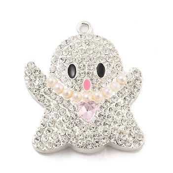 Alloy with Glass Rhinestone Pendants, with ABS Pearl,  Halloween Theme, Ghost, Platinum, 41x35.5x8mm, Hole: 2mm