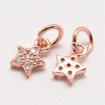 Brass Micro Pave Grade AAA Cubic Zirconia Charms, Long-Lasting Plated, Star, Cadmium Free & Nickel Free & Lead Free, Real Rose Gold Plated, 8x5x2mm, Hole: 3mm
