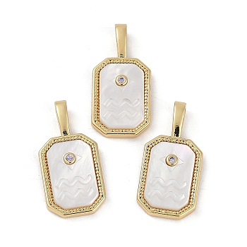 Rack Plating Brass Micro Pave Cubic Zirconia Pendants, with Shell, Long-Lasting Plated, Lead Free & Cadmium Free, Real 18K Gold Plated, Sheild with Twelve Constellations, Aquarius, 20.5x10x2.5mm, Hole: 4.5x2mm