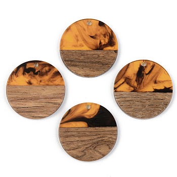 Resin & Walnut Wood Pendants, Flat Round, Orange, 28x3mm, Hole: 2mm