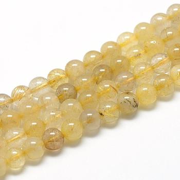 Natural Gold Rutilated Quartz Beads Strands, Dyed, Round, 8~9mm, Hole: 1mm, about 45~48pcs/strand, 15.7 inch
