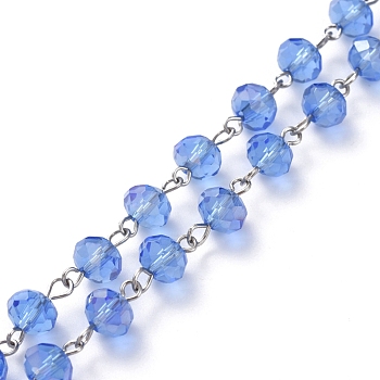 Handmade Electroplate Glass Beaded Chains, with Platinum Plated Iron Eye Pin, Unwelded, Cornflower Blue, 39.37 inch(100cm), Beads: 8x6mm