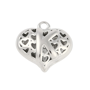 Hollow Brass Pendants for Valentine's Day, Heart with Letter, Real Platinum Plated, Letter K, 25x26x13mm, Hole: 2.5mm