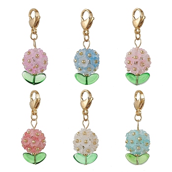 Hydrangea Acrylic & Glass Seed Beads Pendant Decorations, with Alloy Lobster Claw Clasps, Mixed Color, 43.5mm