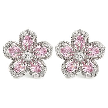 Cubic Zirconia Flower Stud Earrings, Rack Plating Brass Jewelry for Women, Platinum, Pink, 19x19.5mm