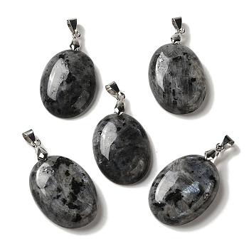 Natural Larvikite Pendants, Oval Charms with Rack Plating Platinum Plated Brass Snap on Bails, 30x21.5~22x6~6.5mm, Hole: 6x4mm