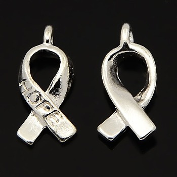 Breast Cancer Awareness Ribbon Carved Word Hope Tibetan Style Alloy Message Alloy Pendants, Silver Color Plated, Lead Free & Cadmium Free & Nickel Free, 18x7.5x3mm, hole: 1mm