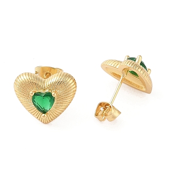 Rack Plating Brass with Cubic Zirconia Stud Earrings for Women, Cadmium Free & Lead Free, Long-Lasting Plated, Real 18K Gold Plated, Heart, Green, 12x14mm