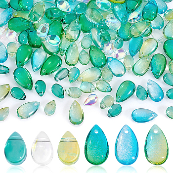 120Pcs 6 Colors Transparent Glass Charms, Dyed & Heated, Teardrop, Mixed Color, 9~13.5x6~8x5~5.5mm, Hole: 1mm, 20Pcs/color