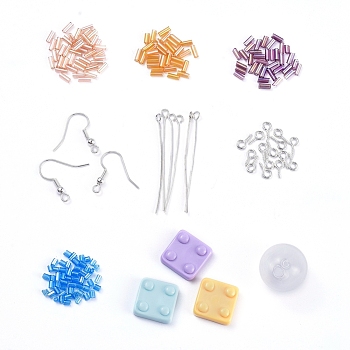 DIY Earring Making, with Glass Bugle Beads, Resin Beads, Handmade Blown Glass Globe Beads and Brass Earring Hooks, Mixed Color, Earring Hook: 19x17x0.5mm, hole: 2mm, 16pcs/set
