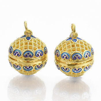 Rack Plating Brass Cage Pendants, For Chime Ball Pendant Necklaces Making, with Enamel and Iron Jump Rings, Hollow Round with Flower, Golden, 21.5x18x20.5mm, Hole: 4mm, inner measure: 15.5mm