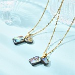 Natural Paua Shell Rectangle Heart Pendant 304 Stainless Steel Satellite Chain Necklaces for Women, Golden, 17.83 inch(45.3cm)(NJEW-JN06186)