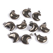 Natural Chalcopyrite Pendants, Moon Charms with 201 Stainless Steel Snap on Bails, Stainless Steel Color, 23~25x17~18x7~7.5mm, Hole: 6x3mm(G-Q172-06B-P)