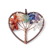7 Chakra Heart Natural Mixed Stone Copper Wire Wrapped Chip Big Pendants, Tree of Life Charm, with Red Copper Tone Iron Findings, 53x52x8mm, Hole: 6.2mm(G-E195-13R)