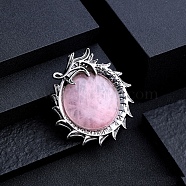 Natural Rose Quartz Metal Flying Dragon Wrapped Pandants, Flat Round Charms, Antique Silver, 40mm(PW-WG22555-06)