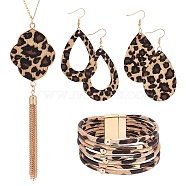 ANATTASOUL Leopard Print Teardrop Dangle Earrings & Multi-strand Bracelet & Tassel Pendant Necklace, Golden Alloy Jewelry for Women, Coffee, 32.60 inch(82.8cm), 7-1/2 inch(192mm), 80~81mm, Pin: 0.6mm(AJEW-AN0007-08)