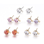 Brass Stud Earring Findings, with 316 Surgical Stainless Steel Pin, Cubic Zirconia and Loop, Long-Lasting Plated, Flat Round, Mixed Color, Mixed Color, 8x6x5.5mm, Hole: 1mm, Pin: 0.7mm(KK-L199-B-M)