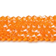 Transparent Electroplate Glass Beads Strands, Pearl Luster Plated, Faceted, Bicone, Orange, 6x6mm, Hole: 1mm, about 45~47pcs/strand, 9.65~9.84 inch(24.5~25cm)(EGLA-A039-T6mm-A23)