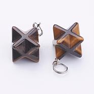 Natural Tiger Eye Pendants, with 201 Stainless Steel Split Rings, Stainless Steel Color, Merkaba Star, 23~24x17~17.5x20mm, Hole: 6mm(G-E398-01C)