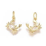 Brass Charms, with Micro Pave Cubic Zirconia and Jump Rings, Crab, Clear, Golden, 9x9x2mm, Hole: 3.5mm(X-ZIRC-L070-94G)