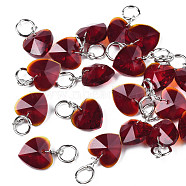 Faceted Transparent Glass Charms, with Iron Jump Ring, Heart, Dark Red, 13~14x10x5~6mm, Hole: 4mm(GLAA-T024-04H)