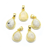 Natural Rainbow Moonstone Pendants, with Golden Tone Brass Findings, teardrop, Faceted, 14.5x9.5x5mm, Hole: 2.5x3.5mm(G-O176J-08G)