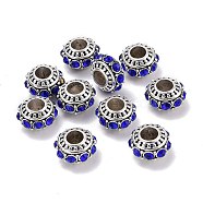 Alloy European Beads, with Rhinestone, Large Hole Beads, Rondelle, Antique Golden, Sapphire, 13x7mm, Hole: 5mm(PALLOY-P131-03I)