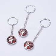 Natural Red Jasper Keychain, with Iron Key Rings, Iron Chain and Brass Finding, Flat Round with Tree of Life, 100~120mm, Pendant: 31x27x7mm(KEYC-E023-02D)