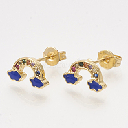 Brass Cubic Zirconia Stud Earrings, with Enamel and Ear Nuts, Rainbow, Golden, Blue, 6x11mm, Pin: 0.7mm(EJEW-S201-169C)